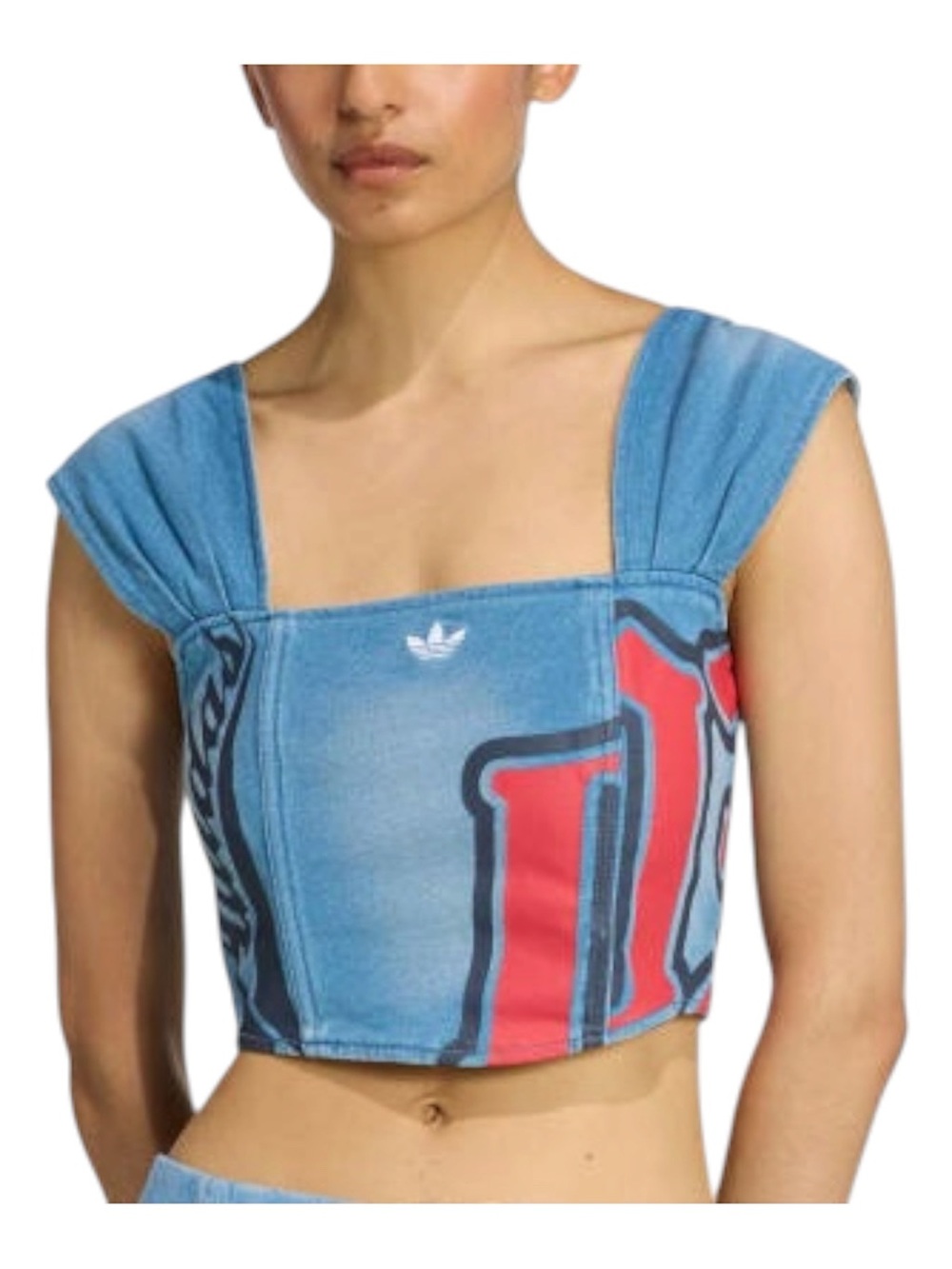 NWT adidas Originals GFX Corset Crop Denim Zip Top Slim Fit Women’s Size 6
